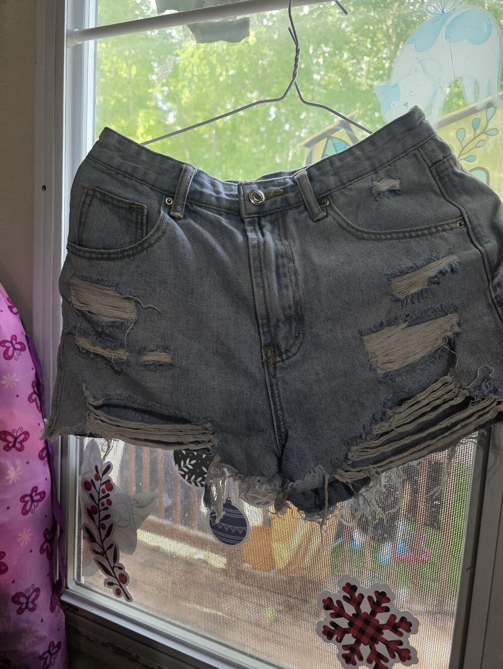 SHEIN Distressed High-Waist Denim Shorts - Light Blue